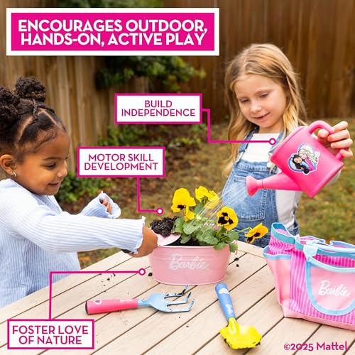Barbie Garden Set – Real Gardening Tools for Kids with Watering Can, Metal Tools, Flower Pot and Storage Bag – Pink Tool Playset for Outdoors, 6 Pieces - image 5