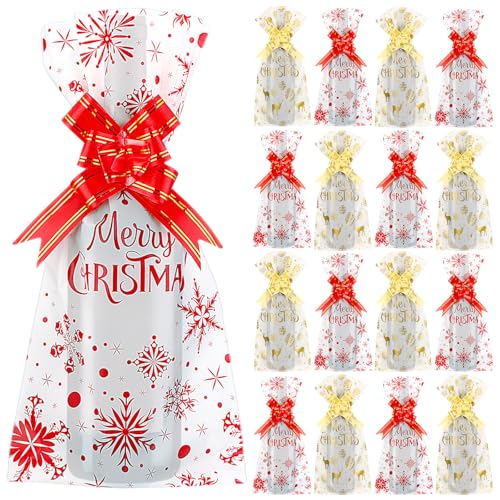 Geyoga 300 Pcs Christmas Treat Cellophane Bags 8 x 16 Inch Merry Christmas Wine Bottle Bags Snowflake Cookie Gift Bags with Bow Ties for Christmas Party Candy Small Baskets, 3 Styles by Geyoga - Used condition - US$14.36