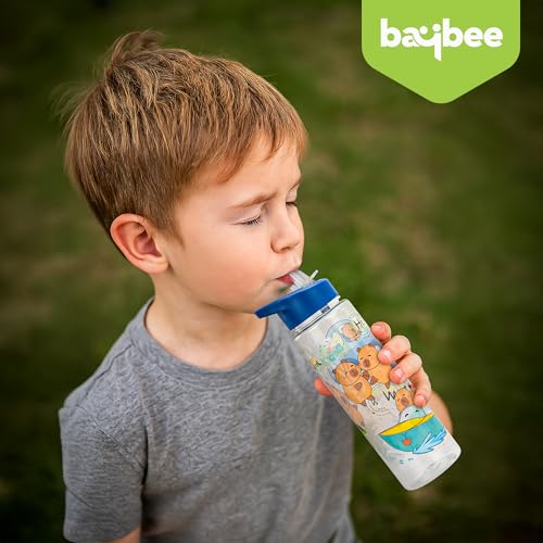 Image of BAYBEE 600 ML Chubby Drinking Water Bottle for Kids | Bpa Free Baby Sipper Bottle with Flip Straw & Carry Handle | Toddlers Leak Proof Sipper Water Bottle for Kids 1 to 12 Years Boys Girls (Blue)