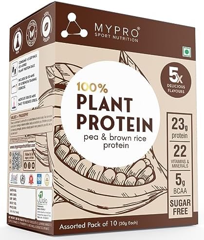 Mypro Sport Nutrition Plant Protein Powder Pea Protein Isolate&Brown Rice|5 * 2 Assorted Sachet |Chocolate,Alphonso Mango,Vanilla Coconut Ice-Cream,Strawberry,Coffee Caramel|Total 10 Sachets/Servings