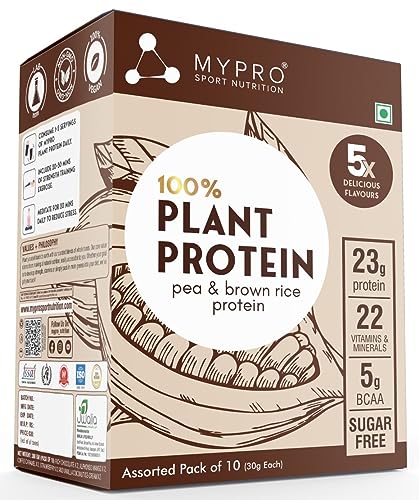 Mypro Sport Nutrition Plant Protein Powder Pea Protein Isolate & Brown Rice | 5*2 Assorted Sachet |Chocolate, Alphonso Mango,Vanilla Coconut Ice-Cream, Strawberry, Coffee Caramel | Total 10