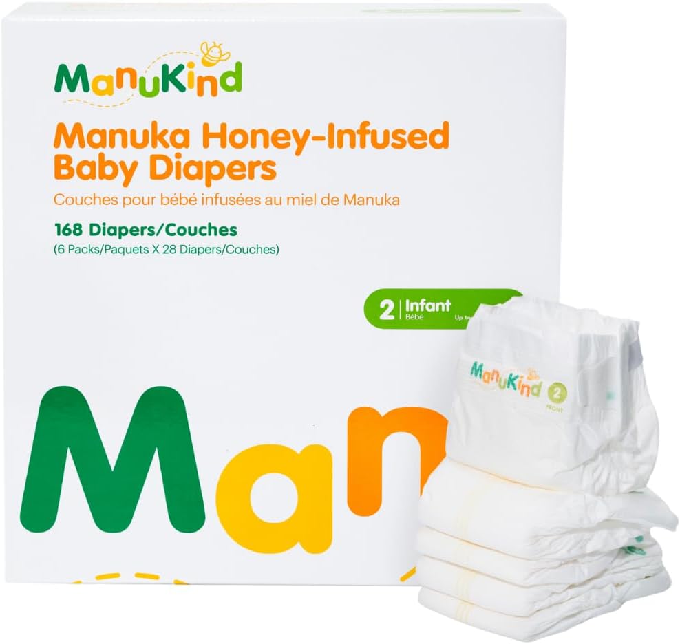 ManuKind Baby Diapers, Manuka Honey Infused, Ultra Soft, Plant-Based Materials, Quick-Dry Comfort, Leak Guard Protection, Size 2 – 168 Diapers (6 Packs of 28)