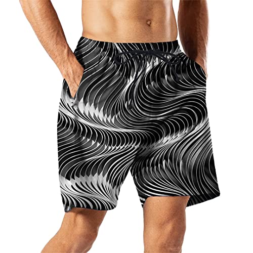 Bewellan Short de plage à rayures graphiques pour homme Motif 3D Abstrait Boardshort homme/femme Impression 3D Noir XXXL Cover