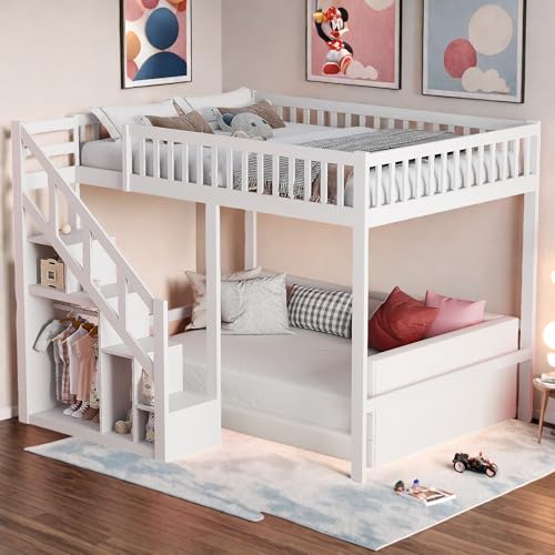 LieABak Litera infantil de 90 x 200 cm para 1 o 2 niños, cama alta con protección contra caídas, cama de casa con escalera y espacio de almacenamiento, cama alta juvenil de madera con somier, blanco