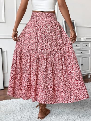 Women's Smocked High Waist Maxi Skirt Casual Boho Long Skirts with Pockets - Image 3