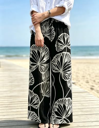 ZIRHYSTA Wide Leg Lounge Pants Plus Size Summer Palazzo Pants,Black,1XL — view 3