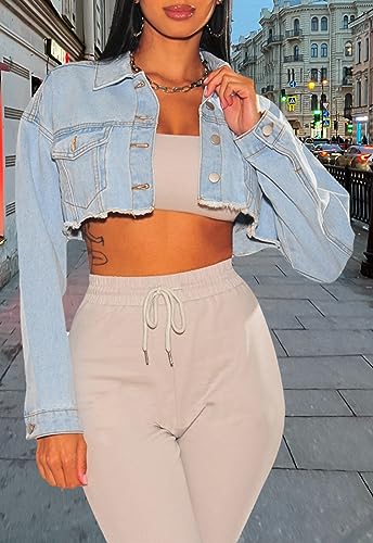 Image of YouSexy Cropped Denim Jackets for Women Long Sleeve Destroyed Wash Jean Jackets