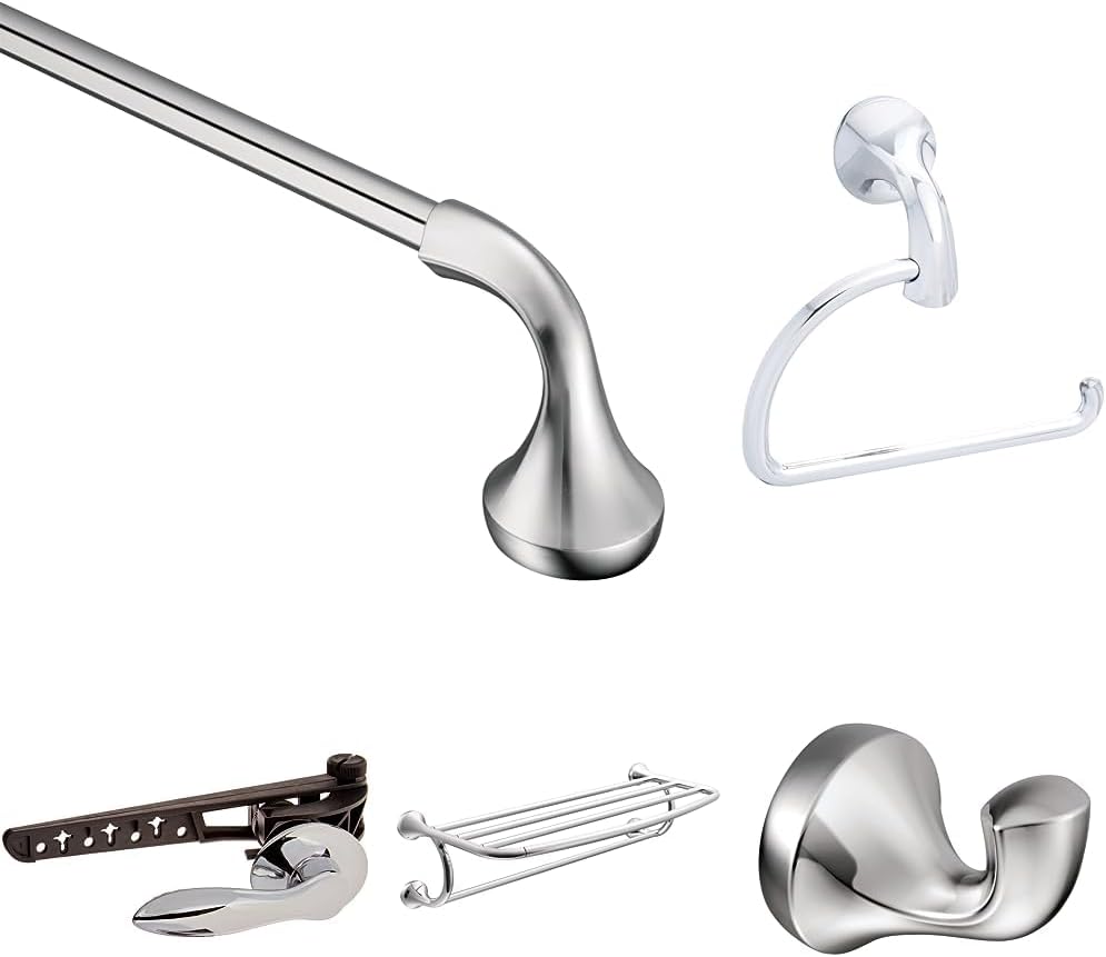 Bundle of Moen Eva Chrome Collection 24" Towel Bar, YB2824CH, Toilet Paper Holder, YB2808CH, Single Robe Hook, YB2803CH, 26" Wide Towel Shelf with-Towel Bar, YB2894CH, and Toilet Tank Lever, YB2801CH