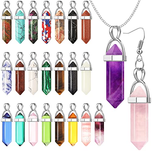 Hexagonal Crystal Pendulum Pendant Natural Crystal Hexagon Pendants Bullet Shape Gemstone Pendant Healing Crystal Stone Pendant Charms for Necklace Beading Earrings Bracelet Jewelry Making (24 Pieces)