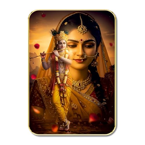 Image of SAF Radha Krishna Devotional Wall Art | Golden Glow Spiritual Painting with Flute | MDF Wall Hanging for Pooja Room Living Room Bedroom Temple Decor & Gift (13 x 19 inch) MG01-1033