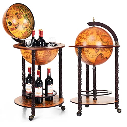 RELAX4LIFE Minibar de Madera Maciza con 3 Ruedas, Botellero de Globo Terráqueo de 2 Niveles para Botellas y Copas, Carrito de Bar para Casa, Restaurante, Fiesta (47x47x90CM, Marrón)