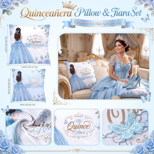 Sintuff Años De Quinceañera Pillow Set with Crystal Tiara Quinceañera Crown Kneeling Pillow Butterfly Decors for 15th Birthday Ceremony Gift Spanish Bible Sweet Mis XV Photo Props Polyester(Blue) - 1