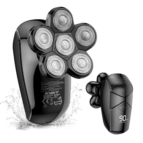 Kibiy - Maquinilla de afeitar eléctrica para hombre (5 en 1, LED, para calvicie, con 6 cabezales giratorios, afeitadora de cabeza húmeda y seca, recortadora de pelo para barba y nariz, kit de cuidado