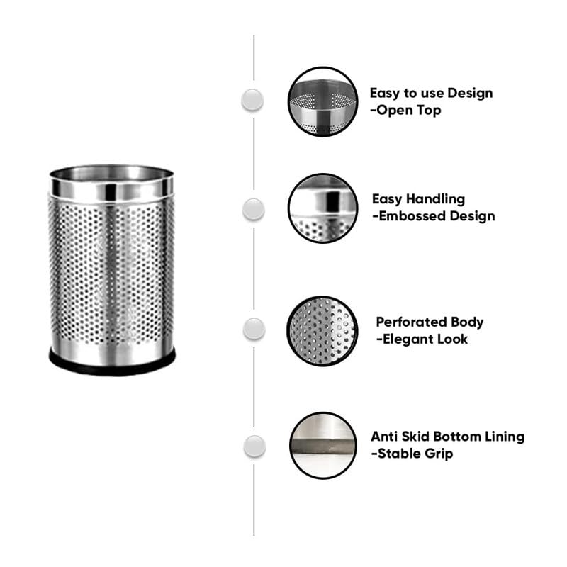 Image of PackPro Stainless Steel 18 Litre Open Perforated Dustbin Without Lid | Large Size Pack of 4 Steel Dustbin For Home, Bedroom, Rooms, Office, Indoor, Outdoor Kitchen, Washroom, Bathroom