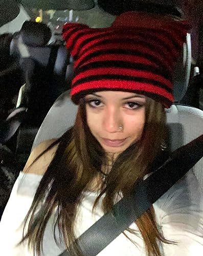 SINSEN Bonnet en crochet pour femme avec oreilles de chat tricoté à rayures pour l'hiver chaud et élastique pour filles, adultes et enfants, noir/rouge, taille unique – vue 4