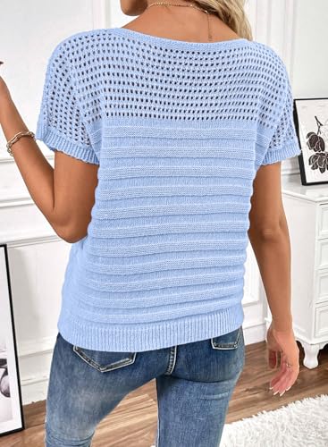 Image of SHEWIN Womens Sweaters Crew Neck Short Sleeve Shirts Summer Tops Knit Hollow Out T Shirts Sweater Blouses
