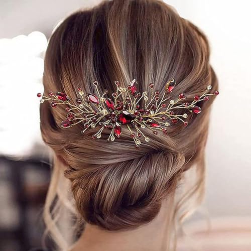 yufana Braut Hochzeit Kristall Haarschmuck, Hochzeitsfrisur Brautzubehör, Braut Hochzeit Haarschmuck, Braut-Haarschmuck FüR Frauen und MäDchen (Rot)