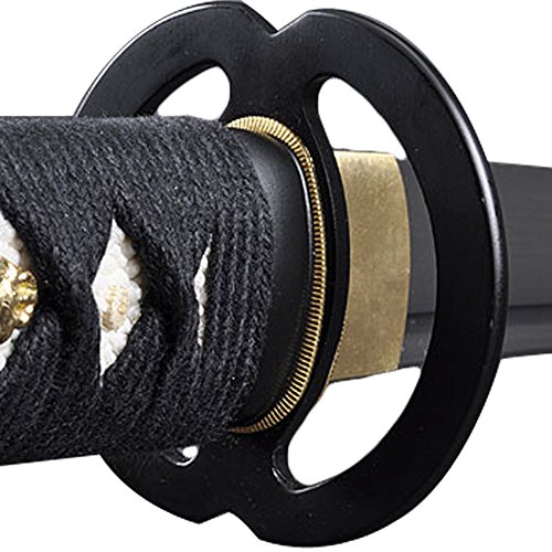 Handmade Sword - Functional Long Handle Samurai Katana Sword, Sharp 1080 Carbon Steel Blade, Hand Forged Heat Termpered, Full Tang, Musashi Tsuba, Black Scabbard, Certificate