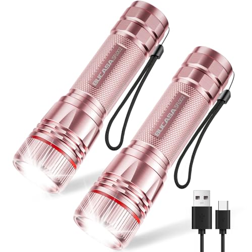 BUCASA LED Lampe Torche Rechargeable, 2000 Lumens Lampe Torche LED Ultra Puissante avec 3 Modes, 2 Pièces Zoomable Lampes Torches Enfant, Étanche Flashlight pour Camping Randonnée Urgence Cadeau Rose