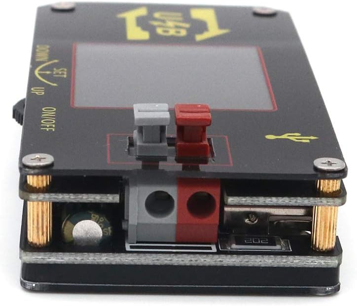 Close-up side view of the DollaTek XY-UDP module, showing the screw terminals and a control button.