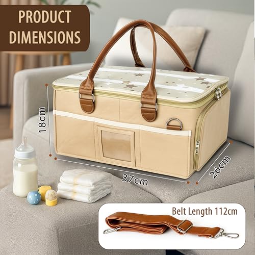 Image of Storite Diaper Caddy Organizer Bag with Lid & Detachable Shoulder Strap | Baby Essentials Storage Basket for Newborns | Multiple Compartments (Beige, 37x26x18 Cm) | Detachable Shoulder Strap, Baby Essentials Storage Basket for Newborns, Multiple Compartments