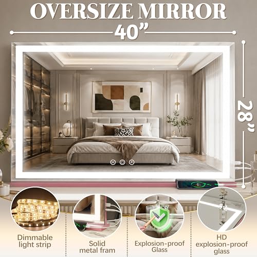 Image of FENNIO Large Vanity Mirror with Lights,40 inch x 28 inchMakeup Mirror with Lights,Hollywood Mirror with 3 Color Modes & Adjustable Brightness,Vanity Mirror Square Pink