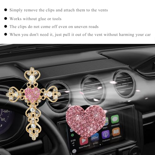 Image of 2 PCS Bling Car Vent Clip, Crystal Rhinestone Cross and Heart Car Air Fresheners Vent Clips, Diamond Car Air Conditioner Outlet Decoration Charm for Women, Car Accessories (Pink)