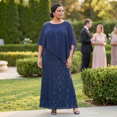 Image of S.L. Fashions Womens Plus Size Long Length Sequin Lace Beaded Capelet Mother of The Bride Dress, Formal Evening Gown