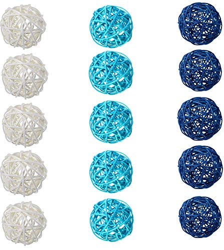 Sorive Wicker Rattan Balls 15 Pcs Decorative Multiple Color Orbs Natural Spheres Vase Fillers For Diy Craft, Party, Wedding Table Decoration, Baby Shower, Aromatherapy (Blue Light-Blue White) #TOP4