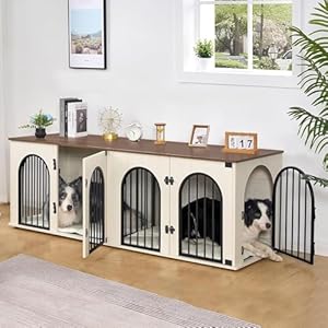Hzuaneri 71″ Dog Crate Furniture for 2 Dogs, Heavy Duty Indoor Dog Kennel TV Stand, XL Wooden Dog Cage with Divider for Medium Large Dogs, End Table Dog Crate with Cushion, White Brown DFC81914B