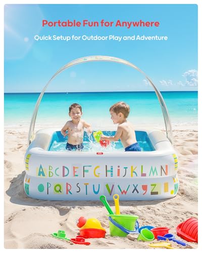 Image of QPAU Kiddie Pool with Canopy, Inflatable Design, 65 x 39 in, Blue