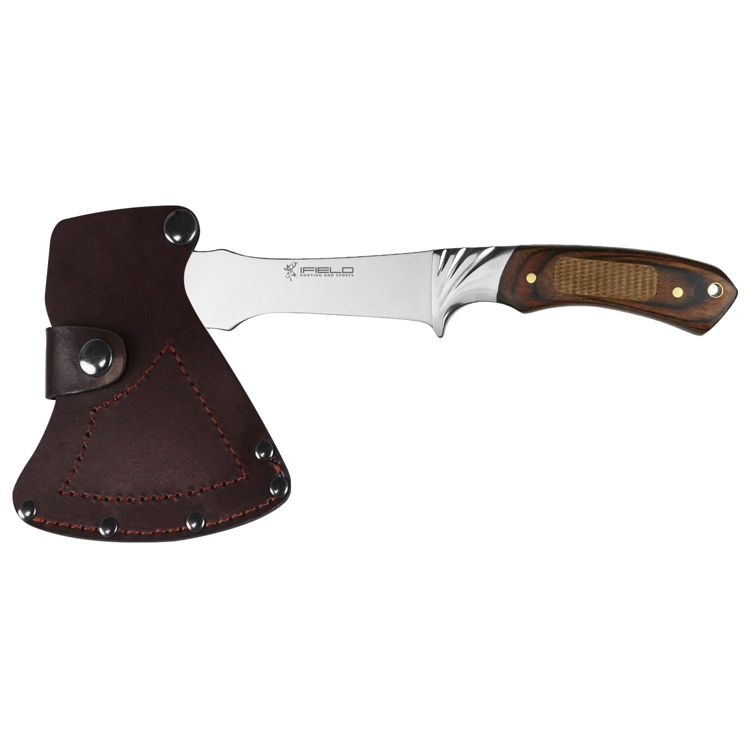 iFIELD Hacha Deportiva Camper EL29001, Hoja de Acero INOX de 9,5 cms, Total 29,5 cm, con Funda de Piel, Mango Stamina Decorada CNC, Herramienta de Camping para Pesca, Caza, Actividad Deportiva