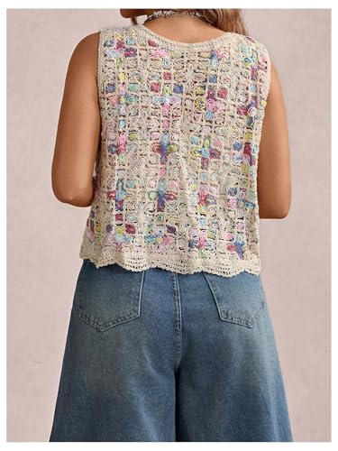 Women's Plus Size Hollow Out Crochet Sweater Vest Button Down Sleeveless V Neck Knit Tank Tops2