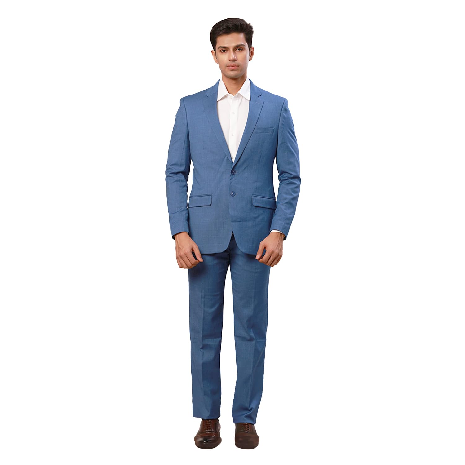 Men Regular Fit Checks Pattern Poly Viscose Blend Notch Lapel Full Sleeve Formal Suit Blue-image-47