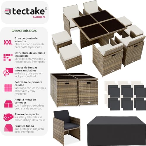 tectake® Conjunto Jardín Exterior de Ratán y Aluminio, Muebles Jardín Exterior Resistentes a la Intemperie, para hasta 8 Personas, con 2 Juegos de Fundas y Funda Protectora - Natural - imagen 2