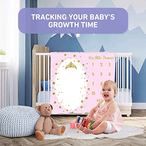 Image of Monthly Milestone Blanket for Baby Girl, 48 inchx40 inch Soft Flannel Pink Princess Memory Growth Blanket, Photography Backdrop Prop for Newborn Baby Shower, 1 to 12 Months Include Marks BTLSPH819