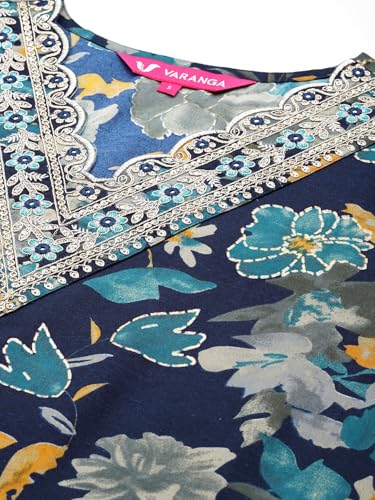 Varanga Womens Blue Floral Printed V-Neck Kurta With Zari Embroidery, Three-Quarter Sleeves, Side Slit, And Matching Bottom & Dupatta