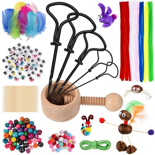 Kastanienbohrer Set, 307 tlg Herbst Kastanien Bastelset mit Kastanienhalter | Handbohrer (5 Größen), Federn, Pompons, Plüschstreifen, bunte Holzperlen, lebende Augen, Zahnstocher