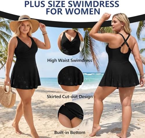 liyiyiyia Womens Plus Size One Piece Swimdress, Tummy Control Cutout Skirt Bathing Swimsuit Flowy Body Shaping Swimwear Black — view 3