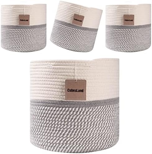 CubesLand Storage Cubes Baskets Bins Organizer 11x11x11'' Fit 12x12''Cube Storage Organizer Bookcases Shelf, Durable Woven Cotton Storage Basket for Organizing, Round 4Pack Off White/Mixed Gray