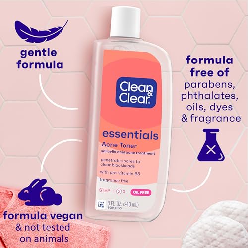 Image of Clean & Clear Essentials Oil-Free Acne Toner, 2% Salicylic Acid Acne Treatment with Pro-Vitamin B5, Deep Pore Facial Toner for Blackheads & Pimples, Fragrance Free, 8 fl. oz