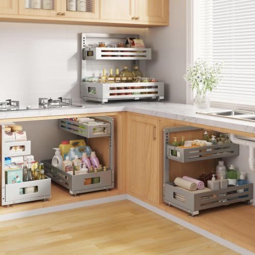 Image of 2 Pack 17IN-Depth Under Sink Organizer,Pull Out Cabinet Organizer With Smooth Cylindrical Rail,Metal Slide Out Drawer for Kitchen Bathroom Laundry,8-Level Tool Free Height Adjustable-Gun Gray