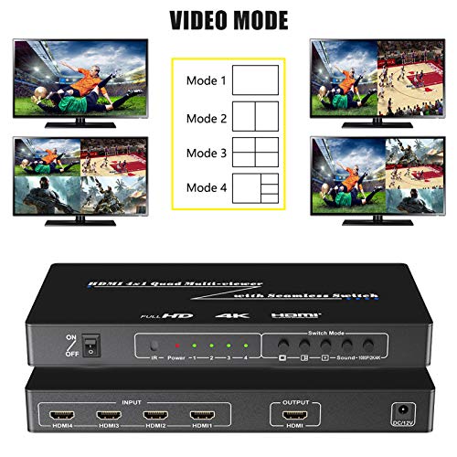 Iseebiz 4K HDMI Multi-Viewer, 4K@30Hz 2K@60Hz 4 in 1 Out HDMI Screen Splitter with Sound Switch 4 Modes, Seamless Switch for Gaming, Exhibition Hall, Video Meeting, Surveillance, Display Mall etc. - Thumbnail 2