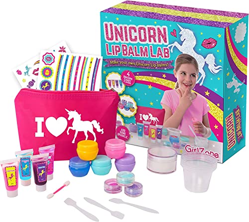 GirlZone Cadeau Fille DIY Faites Votre Propre Baume à Lèvres Kit Licorne - Maquillage pour les Filles - Fabrique de Baumes - Anniversaire pour Petites Filles 6 à 11 Ans- 22 pièces