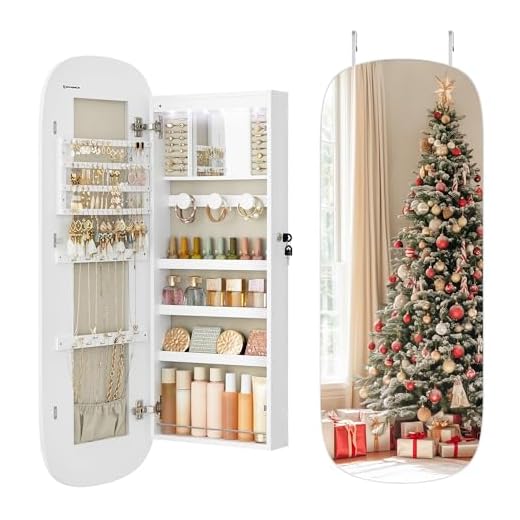 SONGMICS Jewelry Organizer, LED Jewelry Cabinet Wall or Door Mounted, Lockable Rounded Wide Mirror with Storage, Interior Mirror, Christmas Gifts, White Surface with Greige Lining
