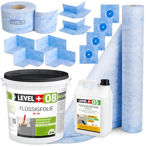 Abdichtungsset Badabdichtung Dusche 20Kg Flüssigfolie, 4 Innenecken, 2 Außenecke, 4 Wandmanschetten, 20M Dichtband, 3M Dichtbahn 5L Tiefengrund SET45