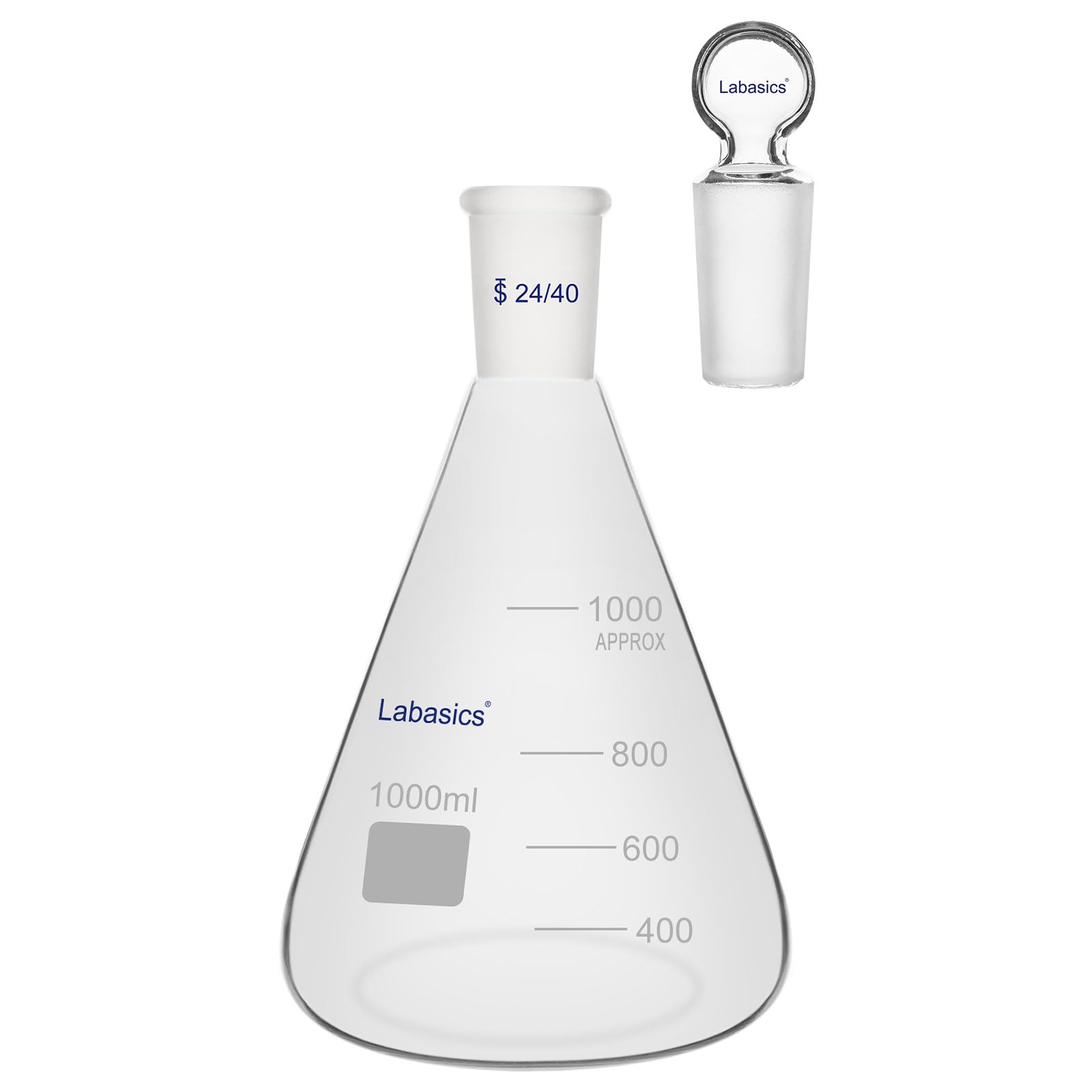 Labasics Matraz Erlenmeyer de Vidrio Borosilicatado con Tapón de Junta 24/40, Matraz Cónico para Mezcla y Almacenaje de Reactivos de Laboratorio, 1000 ml