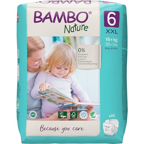 Image of Bambo Nature Premium Baby Tape Diapers for Kids XXL Size (16+ Kgs), Super Absorbent, Breathable, Extra Soft, Dermatologically Tested, Hypoallergenic Toddler Nappies With Wetness Indicator, 20 Count