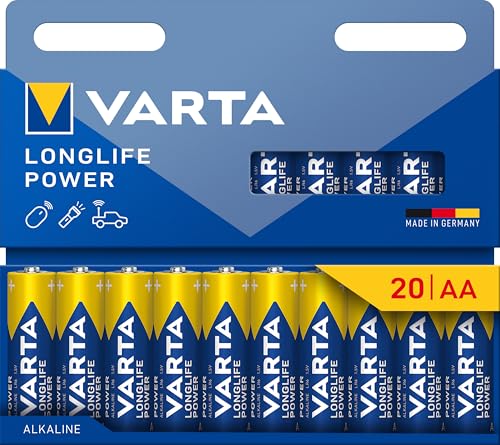 VARTA Longlife Power - Pilas alcalinas AA (20 Unidades, 1,5 V, Ideal para cámara Digital, Controlador, Monitor de presión Arterial Embalaje sin plástico)