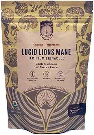 Hamilton's Lucid Lion’s Mane Organic Mushroom Extract Powder for synaptic Repair high Potency Promotes Nerve Growth Factor, Focus Concentration, Organic Hericium Erinaceus Fruit Body Extract